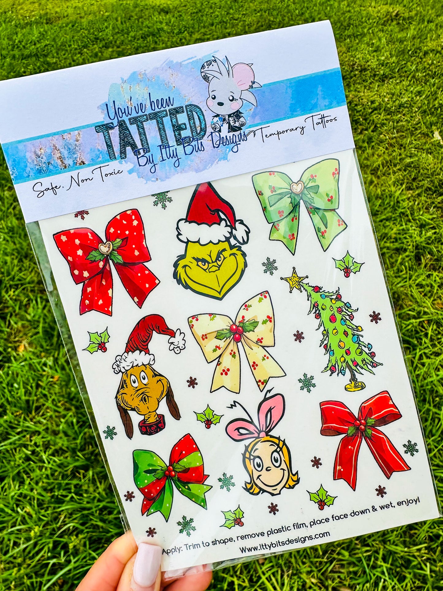 Mean Green Christmas Bows Tattoo Pack