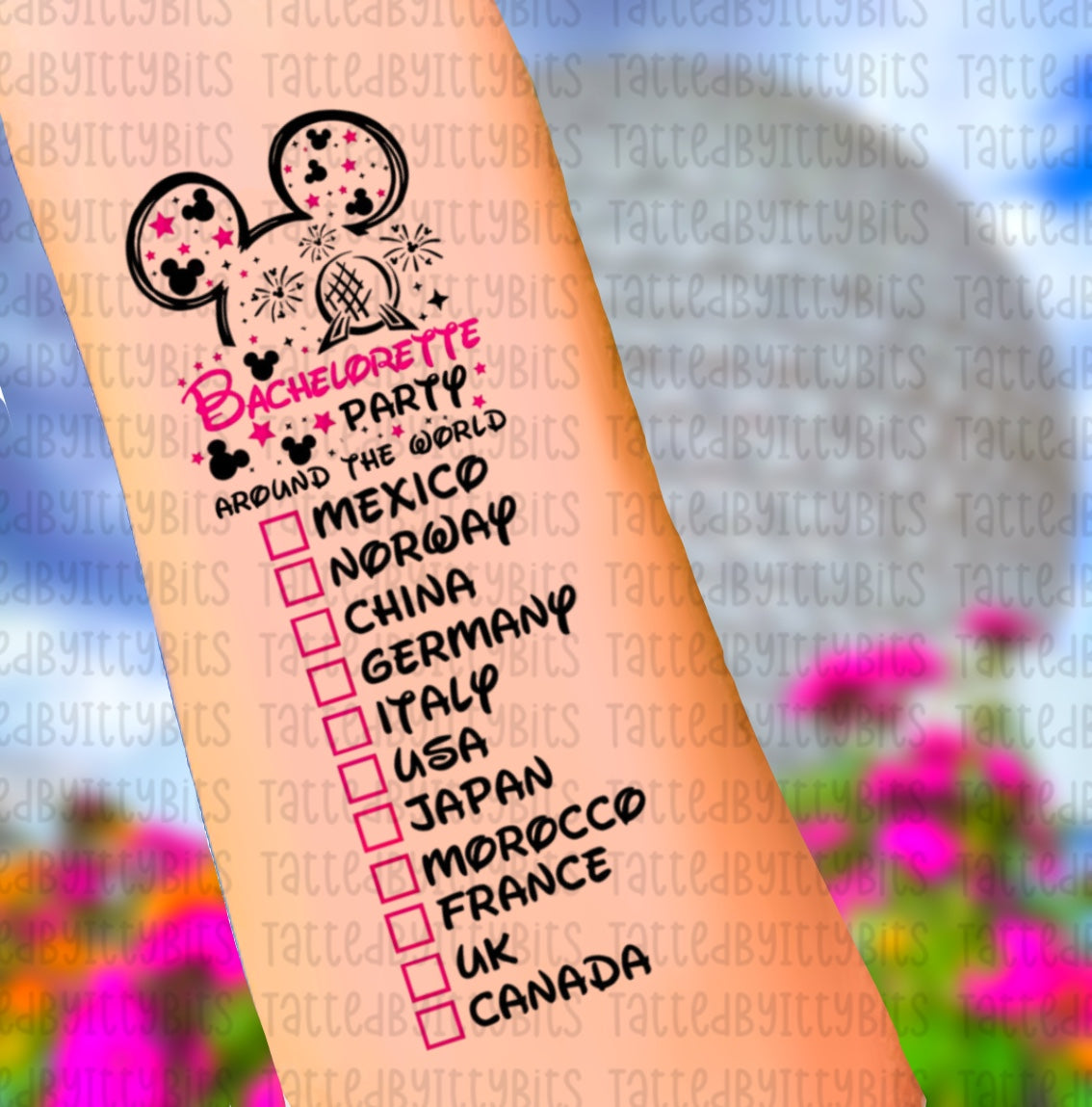 Bachelorette Drinking/Snacking Around the World Temporary Tattoo