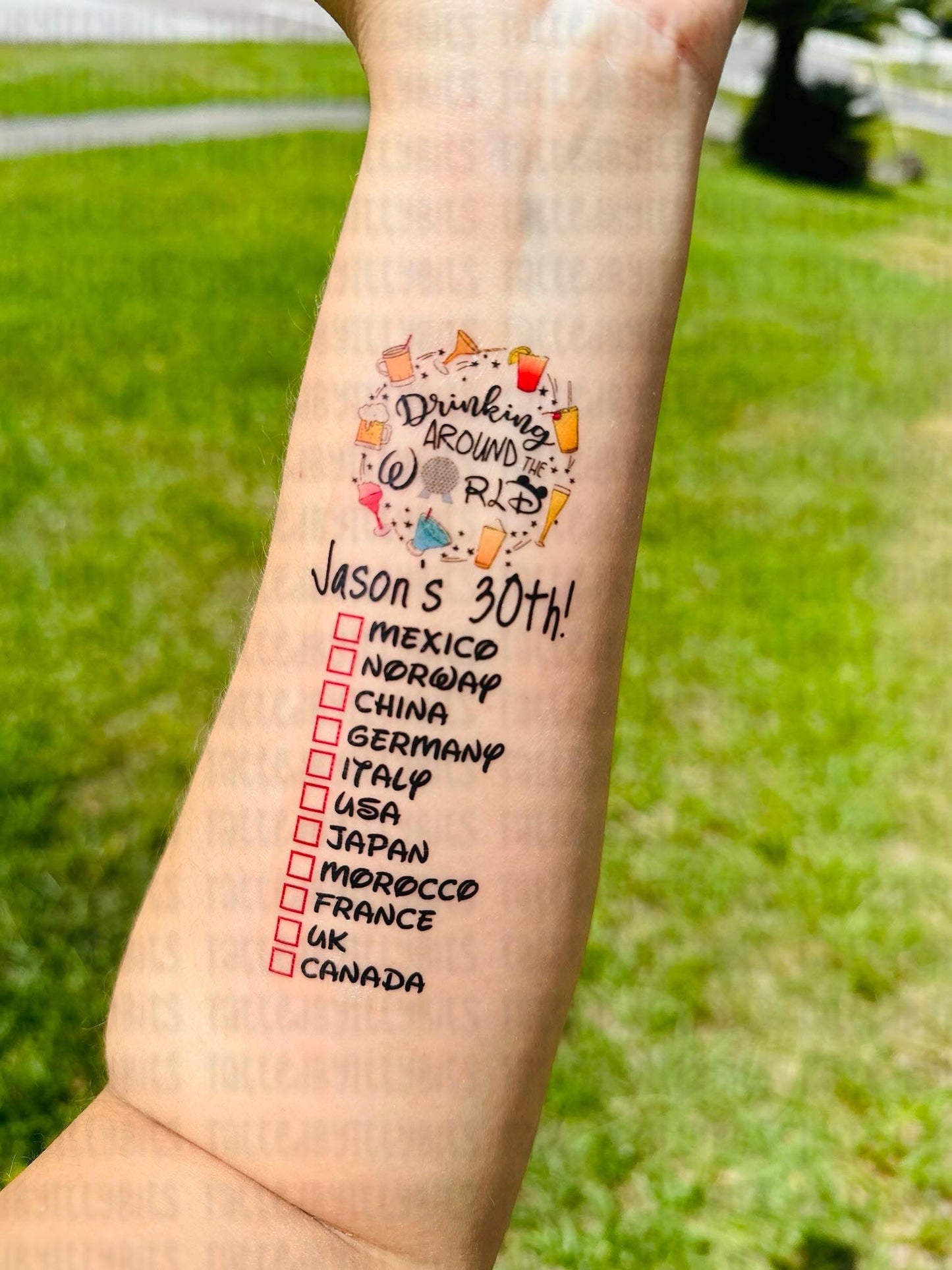 Customizable Drinking/Snacking Around the World Temporary Tattoo