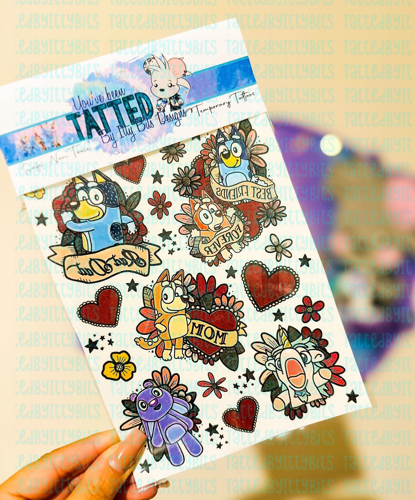Floral Blue Pup Family Temporary Tattoo Set