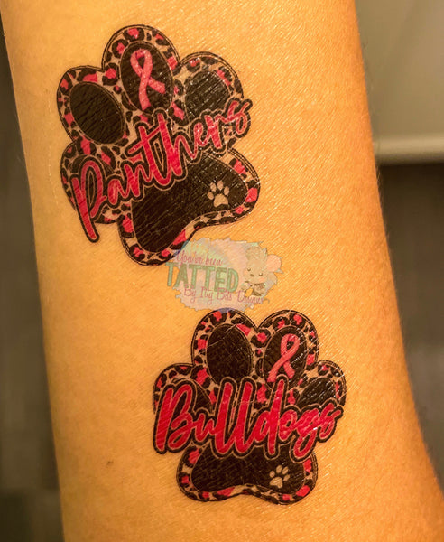 Paw Print Mascot Pink Out Tattoos - Sheet of 35
