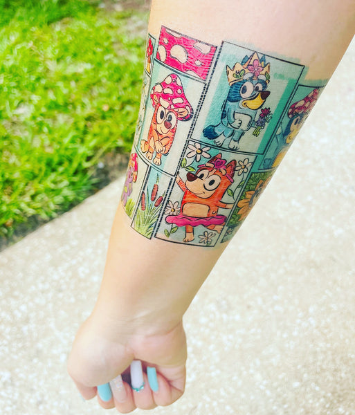 Spring Blue Pup Half Sleeve Temporary Tattoo