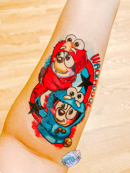 Sesame Blue Pup Sisters Half Sleeve Temporary Tattoo