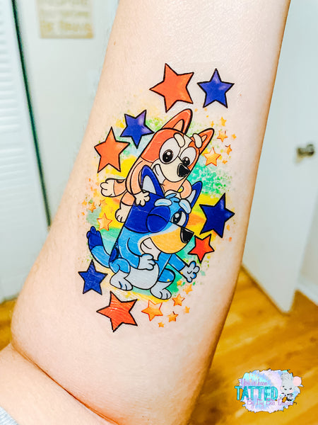 Blue Pup Sisters Half Sleeve Temporary Tattoo