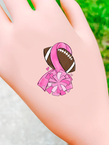 Pink Out Football with Pom Pom Ribbon Tattoos - Sheet of 35